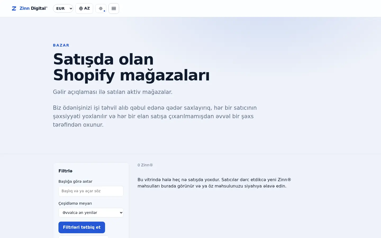 Zinn Digital® bazarındakı Shopify mağazalarının vitrini