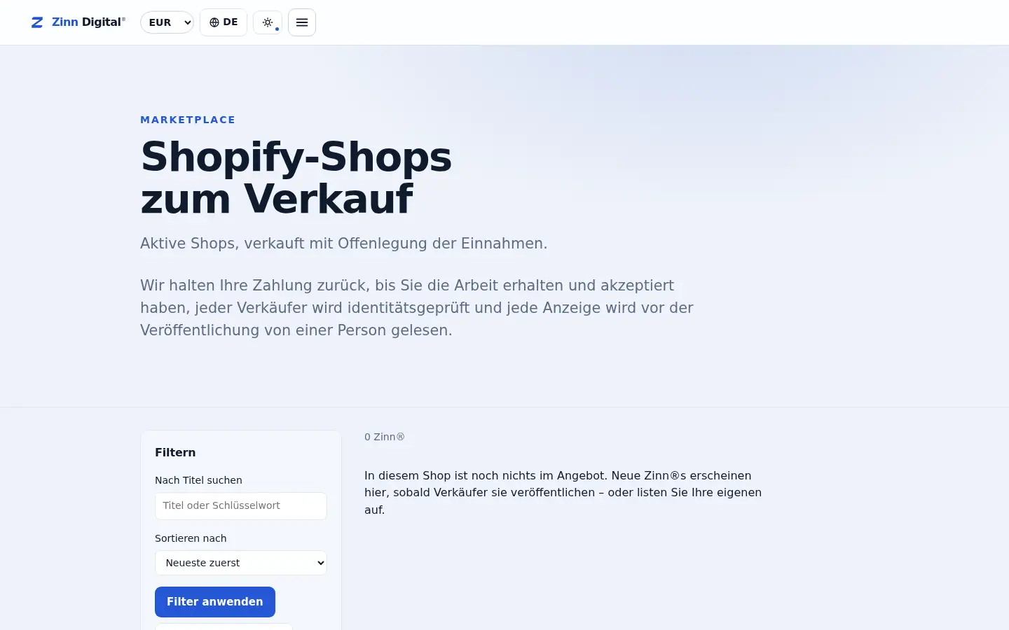 Die Storefront der Shopify-Shops auf dem Zinn Digital®-Marktplatz