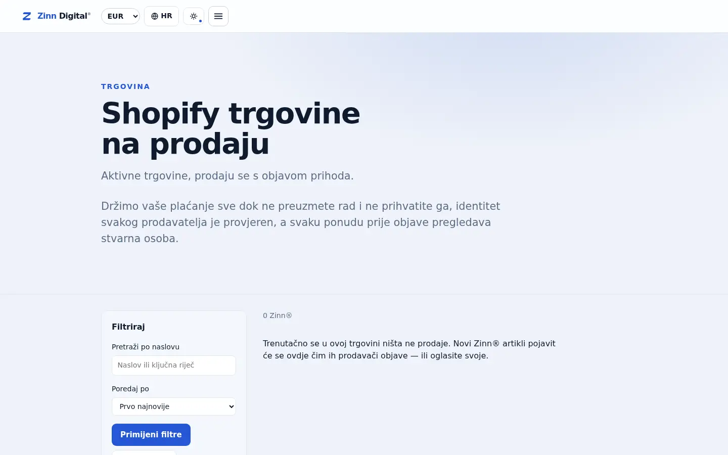 Izlog Shopify trgovina na tržištu Zinn Digital®