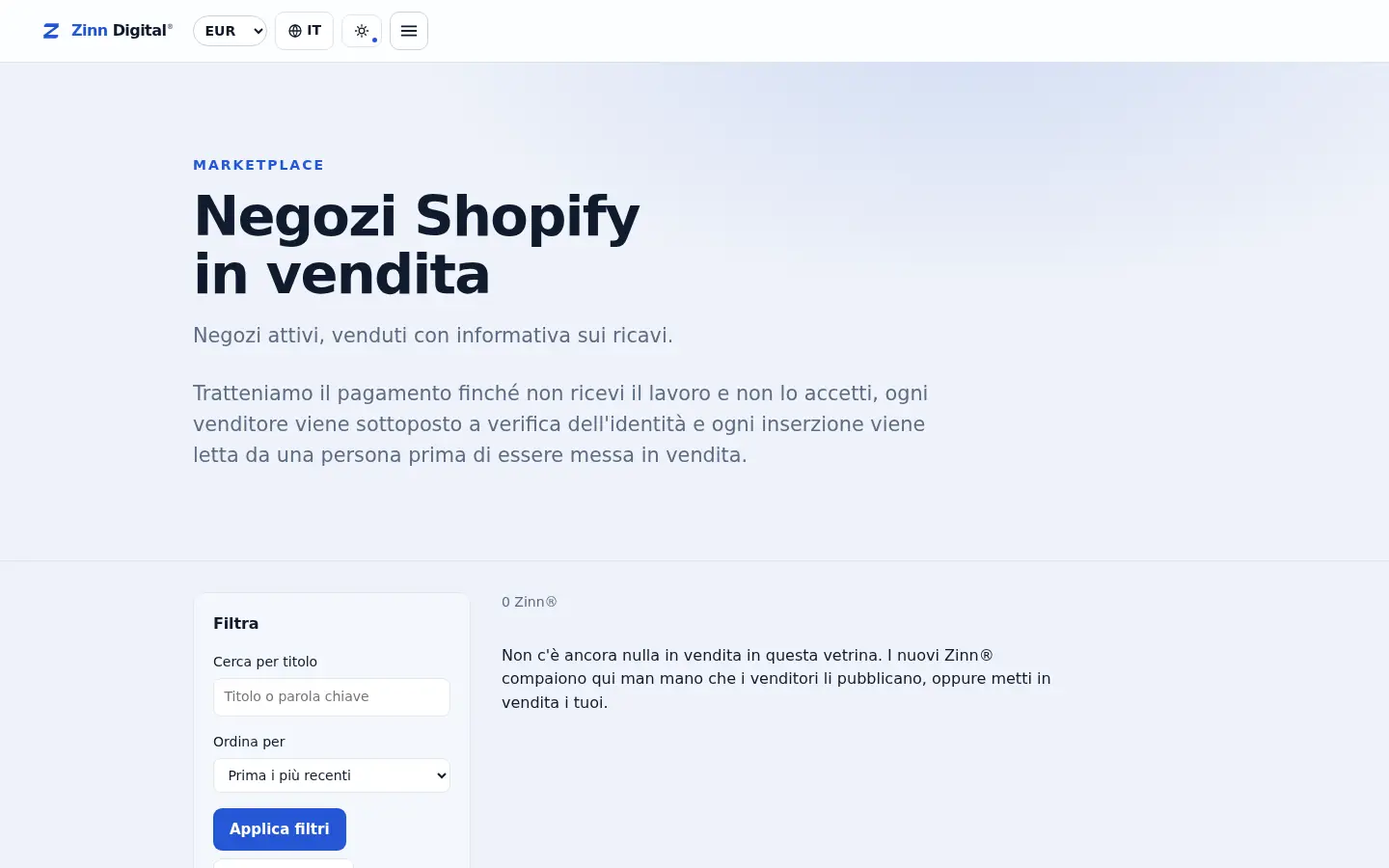 La vetrina dei negozi Shopify sul marketplace di Zinn Digital®