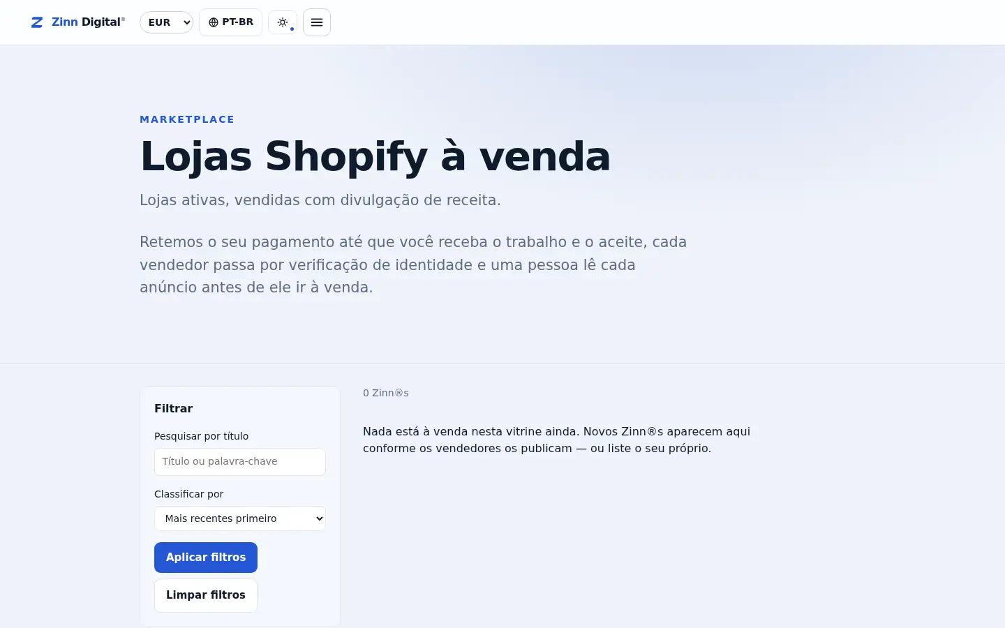 A vitrine das lojas Shopify no marketplace da Zinn Digital®